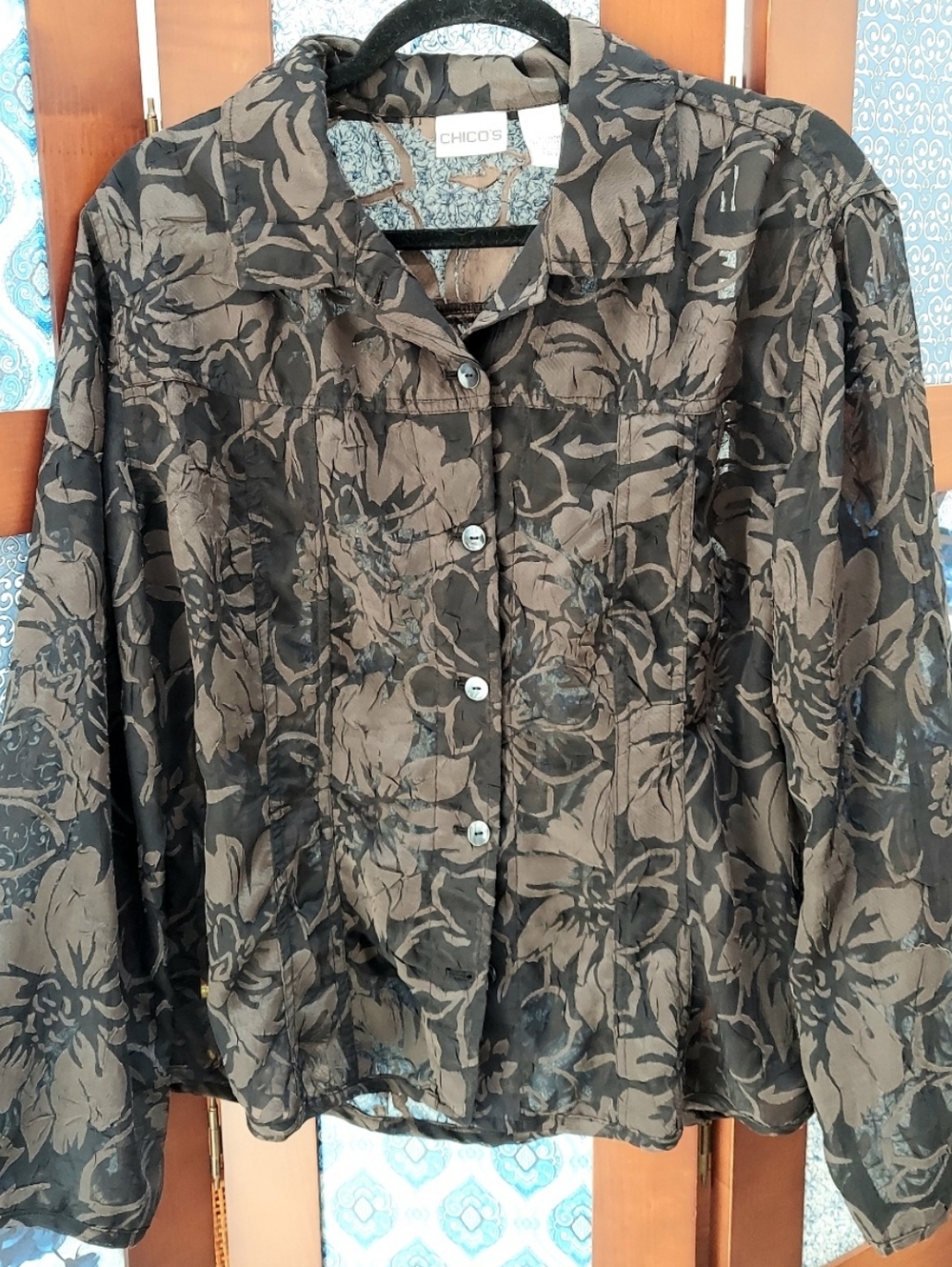 Chicos Shirt, Size Medium, Sheer Black & Brown Floral